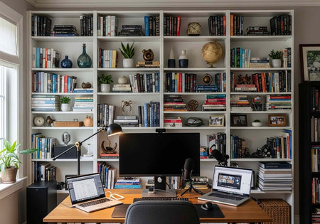 A well-organized home office with a large desk and multiple laptops in front of a bookshelf
