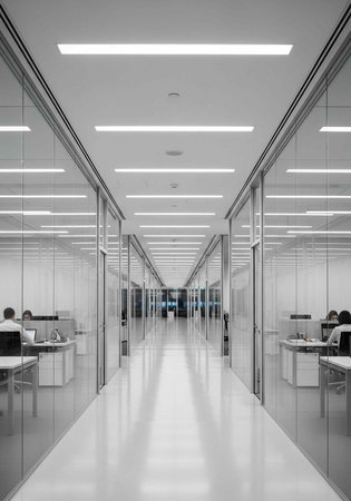 A modern office hallway with glass walls and people working at desksの写真素材