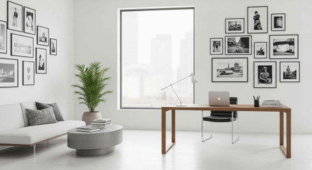 A modern office space with a desk, laptop, and comfortable seating area in a clean and minimalist...