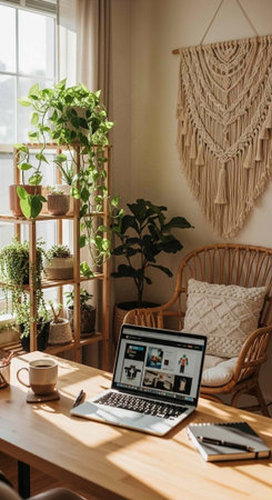 A cozy home office with a laptop and plants on a wooden desk by a window with natural light