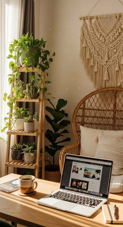 A cozy home office with a laptop, plants, and a comfortable wicker chair in a peaceful setting.