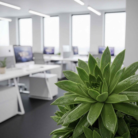 A modern office space with a succulent plant in the foreground and computers on desks in the...