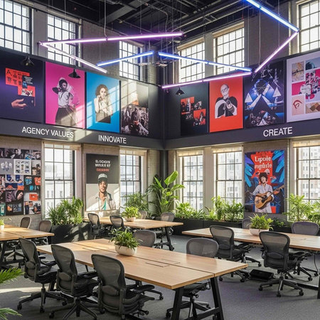A modern office space with a collaborative atmosphere and inspiring posters on the walls.