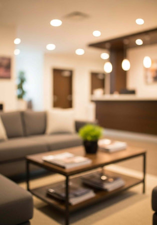 A modern living room with a gray couch and a wooden coffee table in a blurred interior settingの写真素材