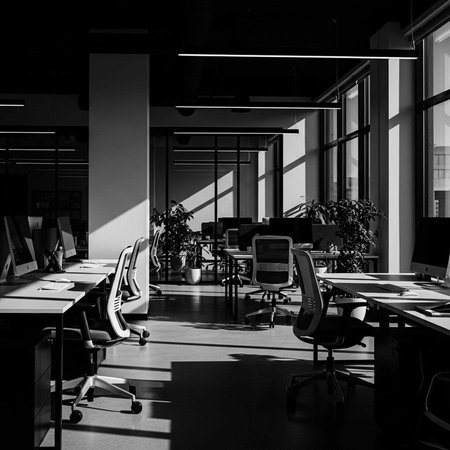A modern office space with rows of desks and chairs in a black and white interior design