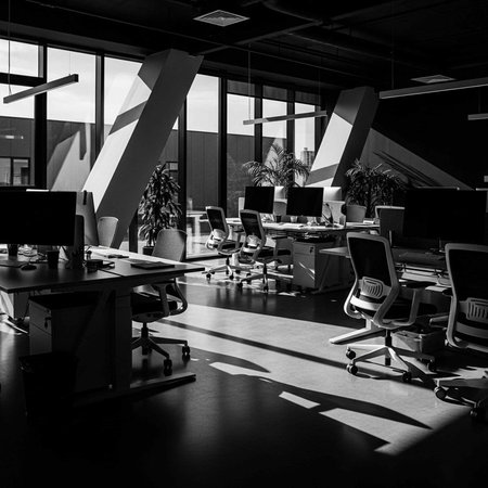 A modern office space with sleek desks and chairs in a black and white interior design