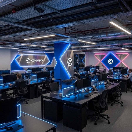 A modern office space with neon lights and computer workstations for a tech company