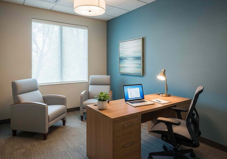 A modern office with a wooden desk, comfortable chairs, and a laptop in a peaceful workspace...