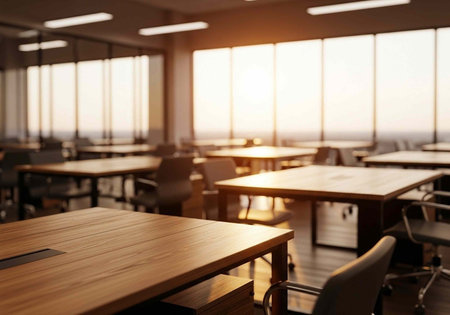 A modern classroom with wooden desks and chairs arranged in rows, illuminated by natural light from large windows.の写真素材