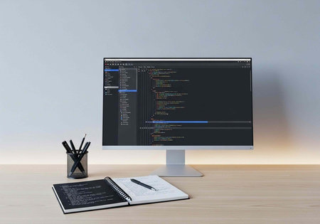 A modern workspace with a computer monitor displaying coding software on a light wooden desk with a...