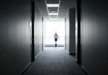 A person walks down a long, dark hallway towards a bright light at the end.