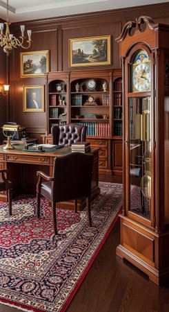 A luxurious study with a large wooden desk, bookshelves, and a grandfather clock in a classic interior designの写真素材