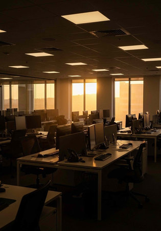 A dimly lit office space with rows of desks and computers during sunsetの写真素材