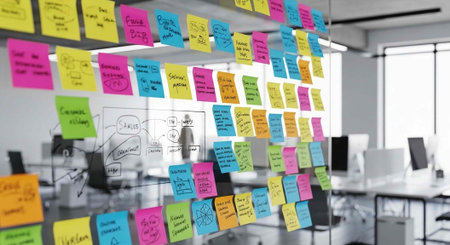 A modern office with colorful sticky notes covering a glass wall for brainstorming and planning...