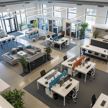 A modern office space with open workstations and comfortable seating areas for employees to work and...