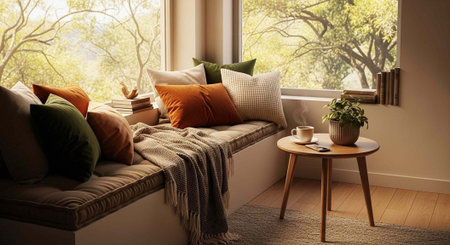 A cozy window seat with pillows and a small table in a serene room with a natural view
