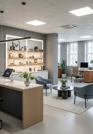 A modern office space with a reception desk, comfortable seating area, and well-lit workstations...
