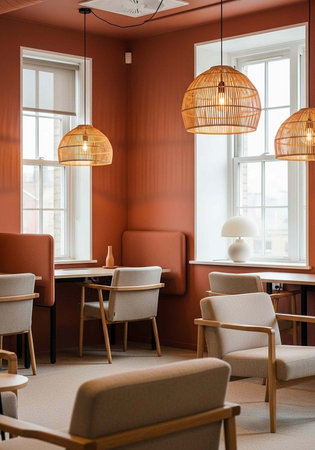 A modern lounge area with comfortable seating and stylish lighting fixtures in a warm and inviting atmosphere.の写真素材