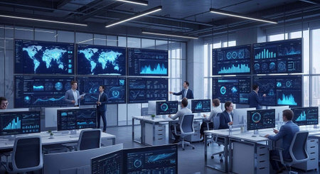 A group of business professionals working in a modern office with large screens displaying data and...