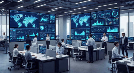 A group of business professionals working in a modern office with large screens displaying data and...