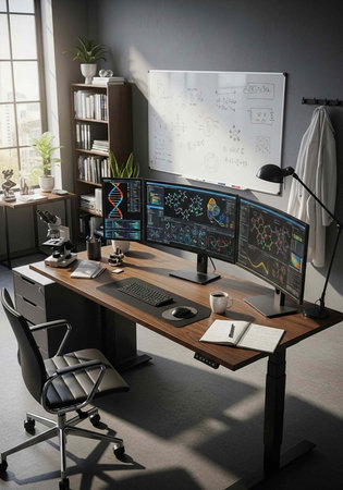 A modern home office setup with multiple computer monitors and a comfortable workspace