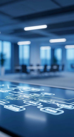 A futuristic digital interface in a modern office space with blurred background