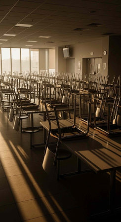An empty classroom with rows of desks and chairs in a dimly lit room with sunlight streaming through...