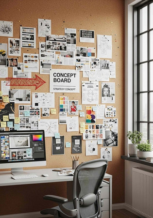 A modern workspace with a concept board on the wall and a computer on the desk