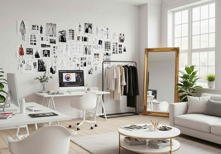 A modern and stylish home office with a comfortable seating area and large window