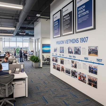 A modern office space with a timeline of company history on the wall and employees working at their...