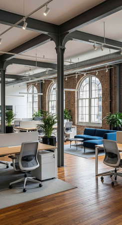 A modern office space with exposed beams and brick walls, featuring a blue couch and wooden floors