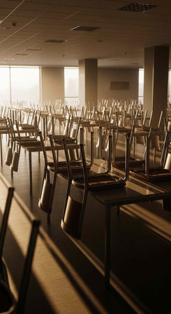 A large empty room with rows of chairs stacked on tables in a neat and organized manner.