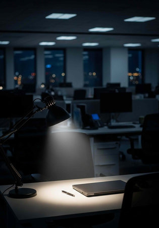 A dimly lit office cubicle with a single desk lamp shining on a laptop and pen at night