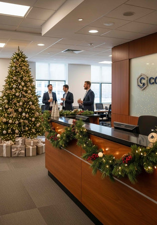 A festive office lobby decorated with a Christmas tree and garland during the holiday season with...