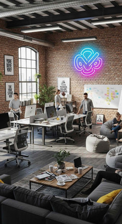 A modern office space with a neon sign on a brick wall and people working at desks
