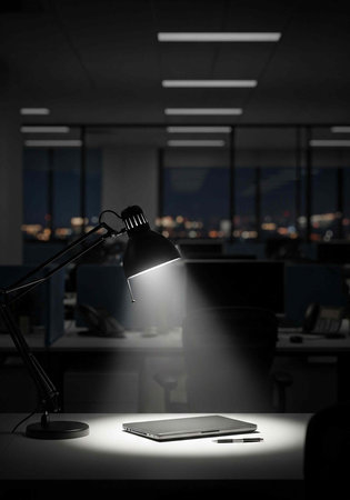 A desk lamp shines brightly on a laptop in a dark office space at nightの写真素材