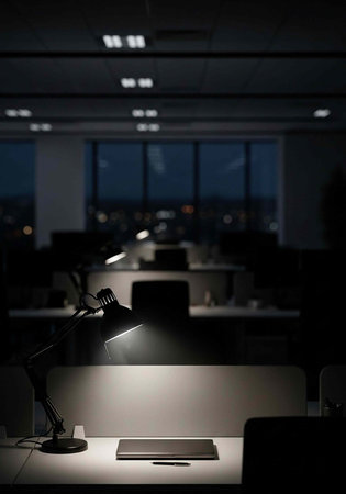 A dimly lit office space with a single desk lamp shining on a workspace in the foreground at nightの写真素材