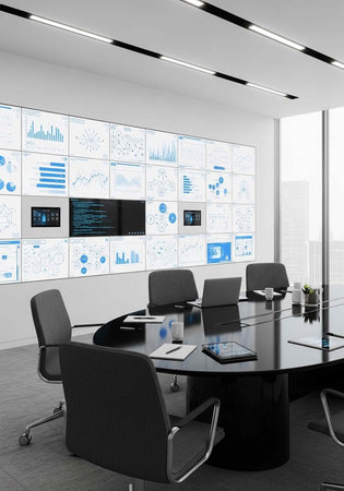 A modern conference room with a large screen displaying various graphs and charts in a sleek office...
