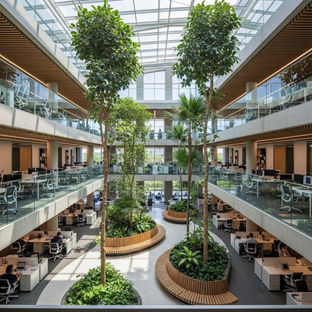 A modern office building with a large atrium and lush greenery throughout the interior space