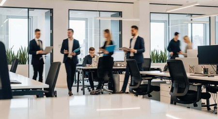 A group of business professionals working together in a modern office space with sleek desks and...