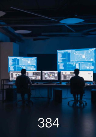 Two men working in a dimly lit room with multiple computer screens displaying various data and...
