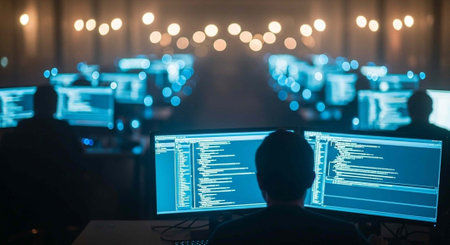 A person sits in front of multiple computer monitors displaying code in a dimly lit room with others...