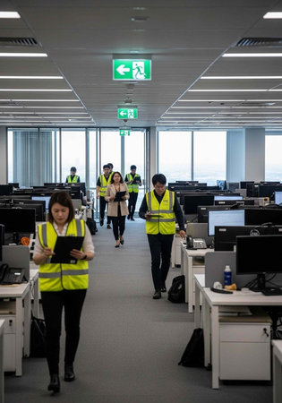 A group of office workers wearing safety vests walk through a modern office space with computers and...