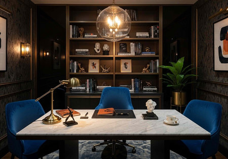 A luxurious office with a large marble desk and blue chairs in a modern interior design setting