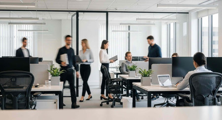 A group of diverse business professionals working together in a modern office space with large windows and plantsの写真素材