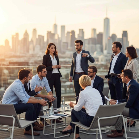 A group of business professionals engaged in a meeting on a rooftop with a city skyline in the...