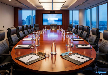 A large, modern conference room with a long wooden table and chairs, set up for a meeting with a...