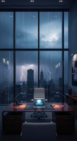 A modern office with a large window overlooking a city during a stormy night with lightning