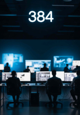 A group of people working on computers in a dimly lit room with a large number on the ceiling