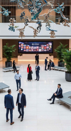A group of business professionals gathered in a modern office lobby with a large screen and...